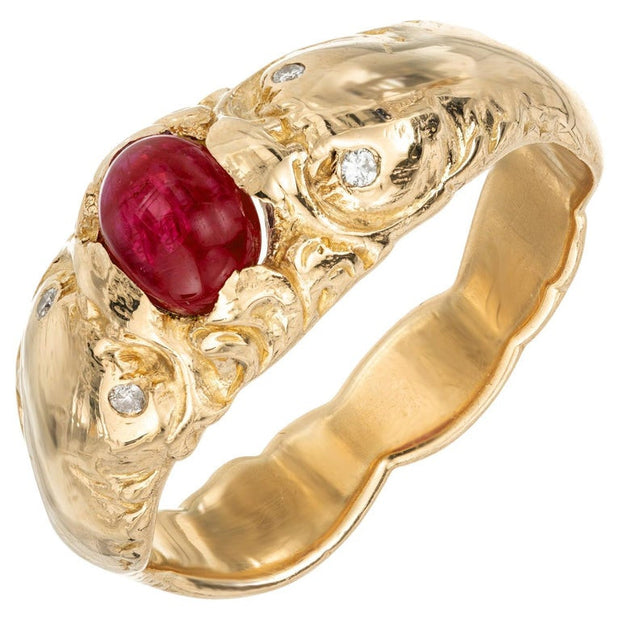GIA Certified 1.08 Carat Cabochon Ruby Diamond Yellow Gold Men's Ring