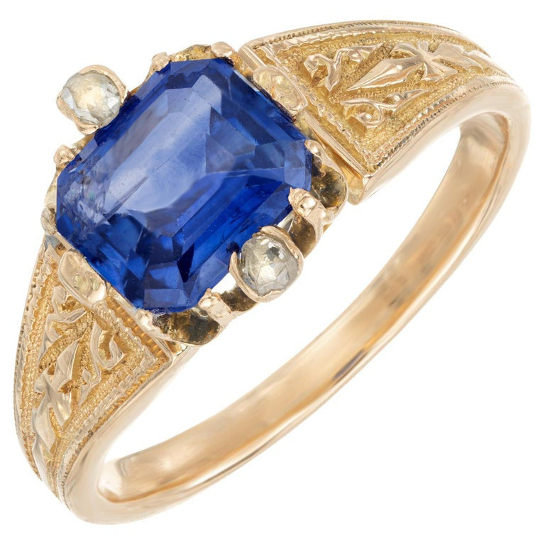 GIA Certified 1.57 Carat Blue Octagonal Sapphire Diamond Gold Engagement Ring