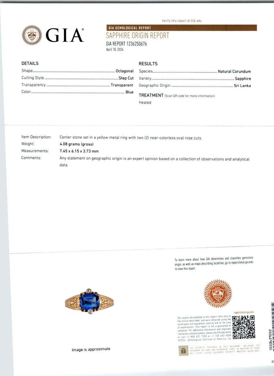 GIA Certified 1.57 Carat Blue Octagonal Sapphire Diamond Gold Engagement Ring – image 3