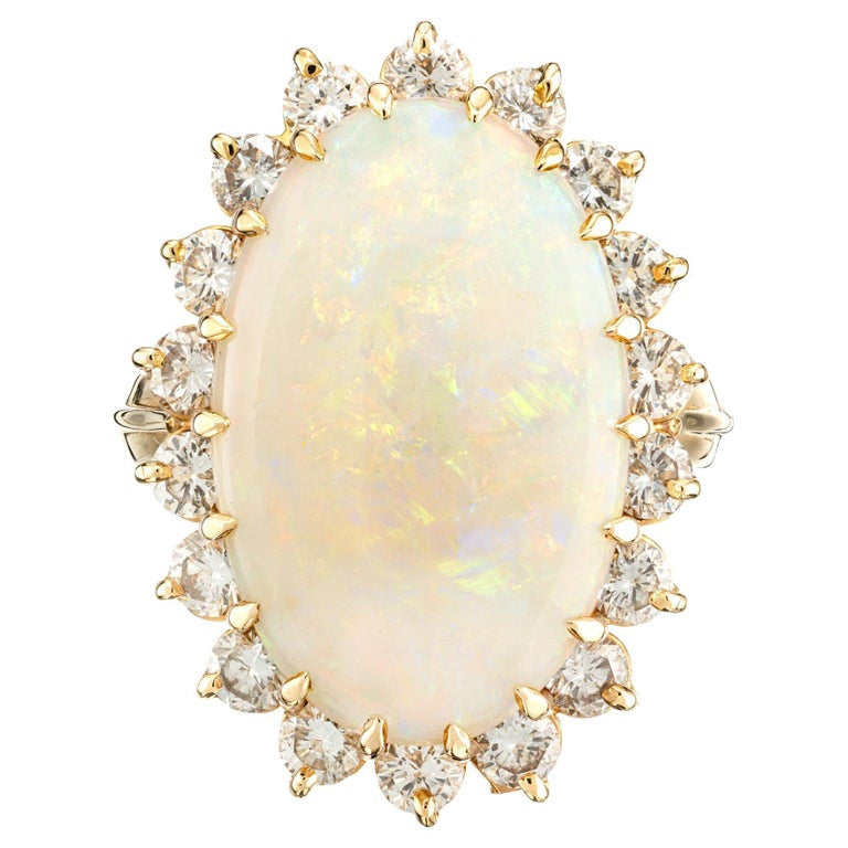 7.50 Carat Australian Oval Opal Diamond Halo Yellow Gold Cocktail Ring