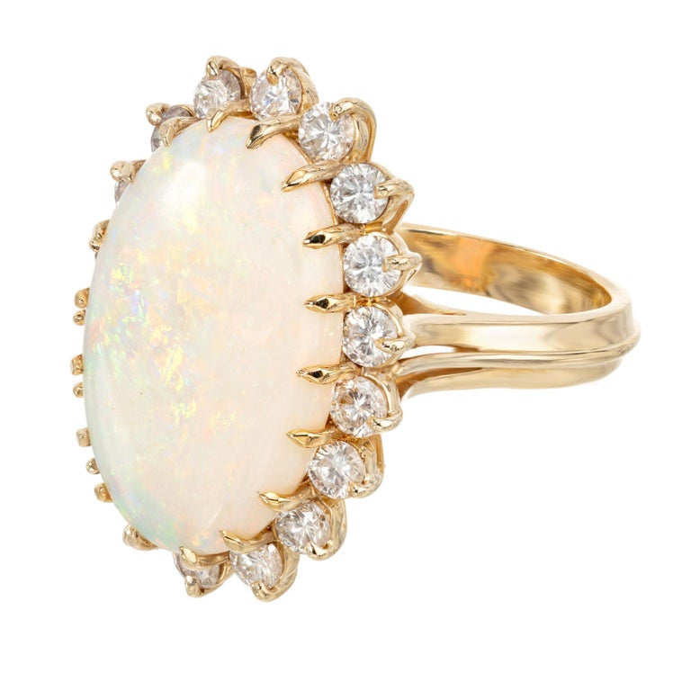 7.50 Carat Australian Oval Opal Diamond Halo Yellow Gold Cocktail Ring – image 3