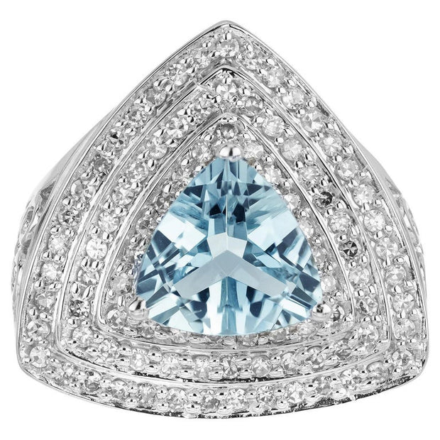 2.10 Carat Triangle Aquamarine Single Cut Diamond Halo White Gold Cocktail Ring