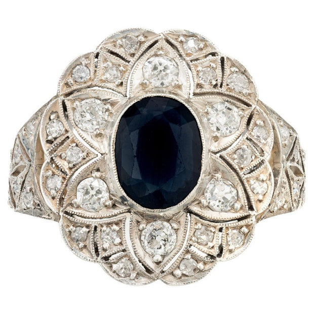 GIA Certified 1.30 Carat Oval Sapphire Diamond Yellow Gold Silver Cocktail Ring
