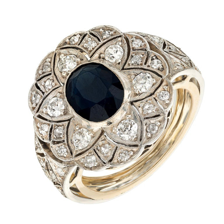 GIA Certified 1.30 Carat Oval Sapphire Diamond Yellow Gold Silver Cocktail Ring – image 2