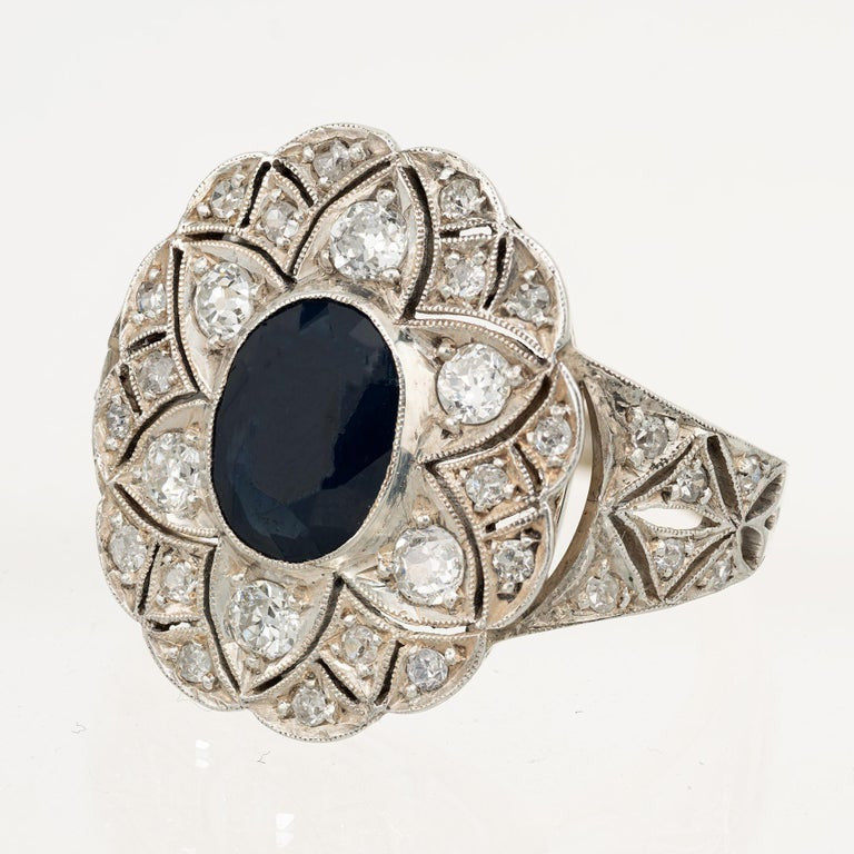 GIA Certified 1.30 Carat Oval Sapphire Diamond Yellow Gold Silver Cocktail Ring – image 4