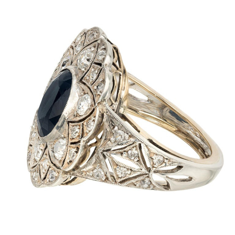 GIA Certified 1.30 Carat Oval Sapphire Diamond Yellow Gold Silver Cocktail Ring – image 5
