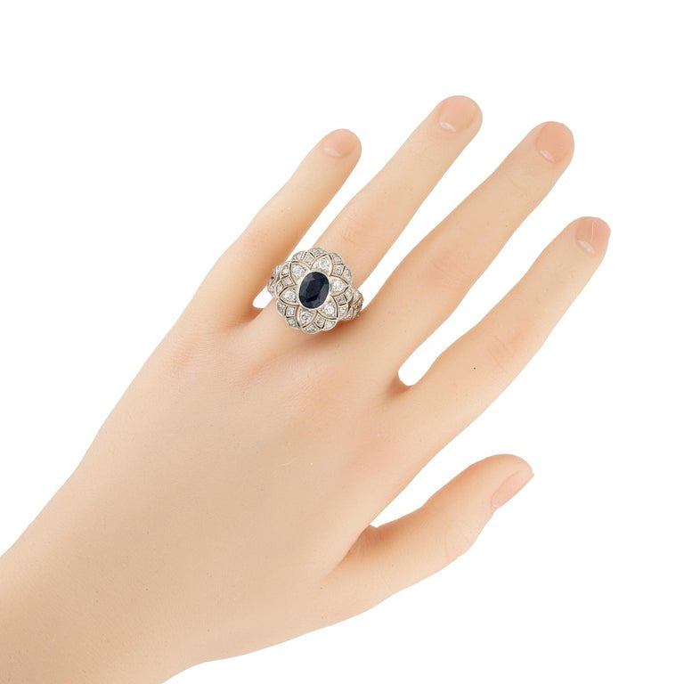 GIA Certified 1.30 Carat Oval Sapphire Diamond Yellow Gold Silver Cocktail Ring – image 7