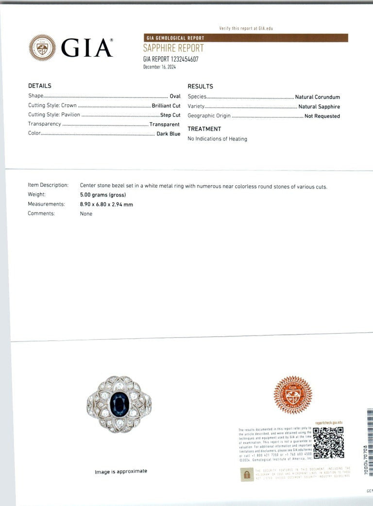 GIA Certified 1.30 Carat Oval Sapphire Diamond Yellow Gold Silver Cocktail Ring – image 3