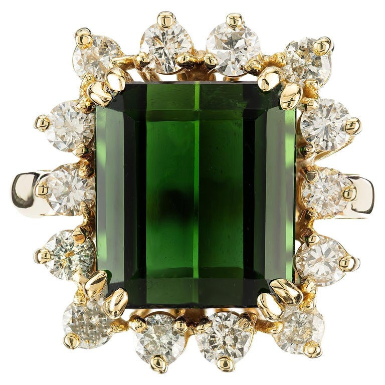 4.76 Carat Emerald Cut Tourmaline Diamond Halo Yellow Gold Cocktail Ring