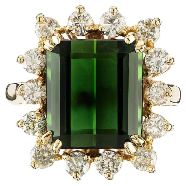 4.76 Carat Emerald Cut Tourmaline Diamond Halo Yellow Gold Cocktail Ring