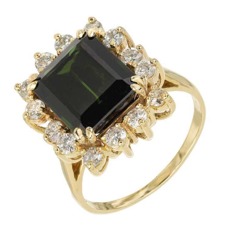 4.76 Carat Emerald Cut Tourmaline Diamond Halo Yellow Gold Cocktail Ring – image 2