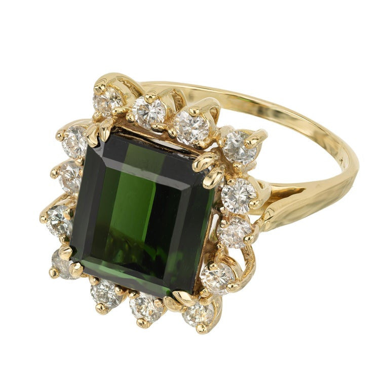 4.76 Carat Emerald Cut Tourmaline Diamond Halo Yellow Gold Cocktail Ring – image 3