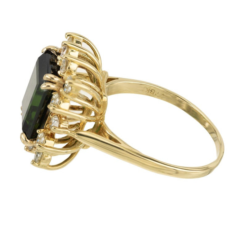 4.76 Carat Emerald Cut Tourmaline Diamond Halo Yellow Gold Cocktail Ring – image 4