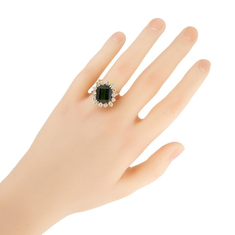 4.76 Carat Emerald Cut Tourmaline Diamond Halo Yellow Gold Cocktail Ring – image 7