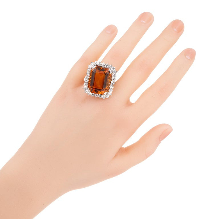 39.00 Carat Orange Rectangle Citrine Diamond Halo White Gold Cocktail Ring – image 7