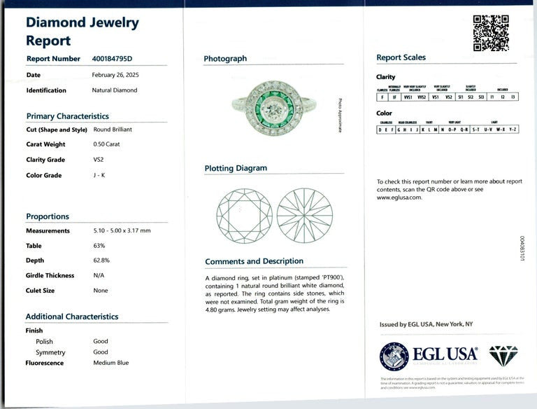 EGL Certified .50 Carat Round Diamond Emerald Halo Platinum Engagement Ring – image 3