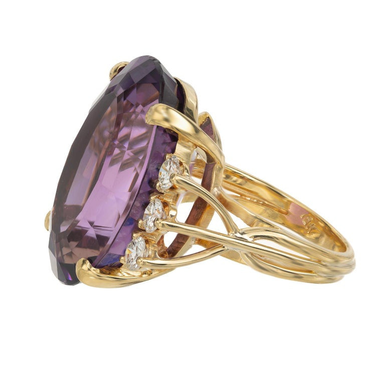 23.50 Carat Oval Amethyst Diamond Yellow Gold Cocktail Ring – image 4