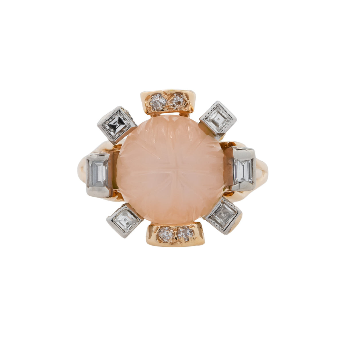 Carved Sunstone Diamond Two Tone Gold Ring