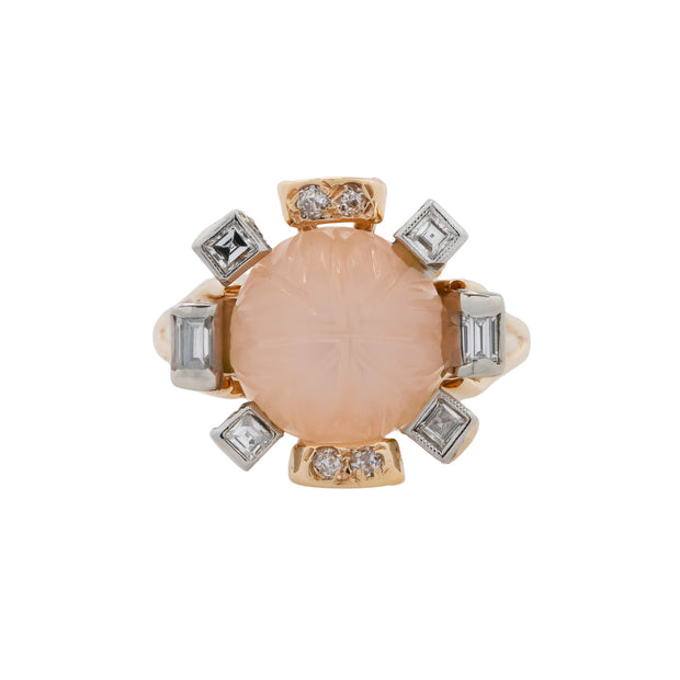 Carved Sunstone Diamond Two Tone Gold Ring