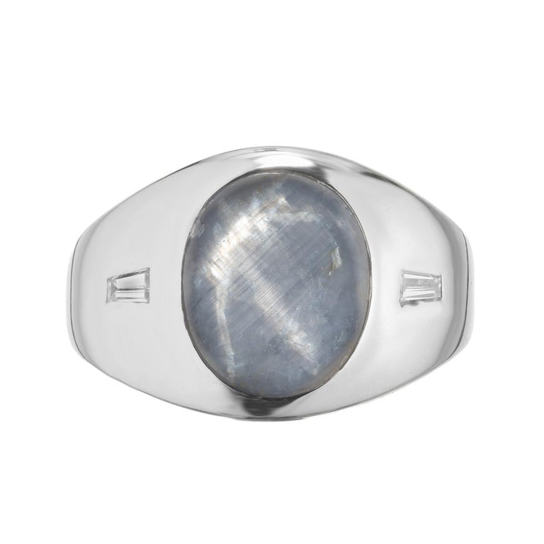 GIA Certified 6.00 Carat Oval Cabochon Star Sapphire Diamond White Gold Ring – image 4