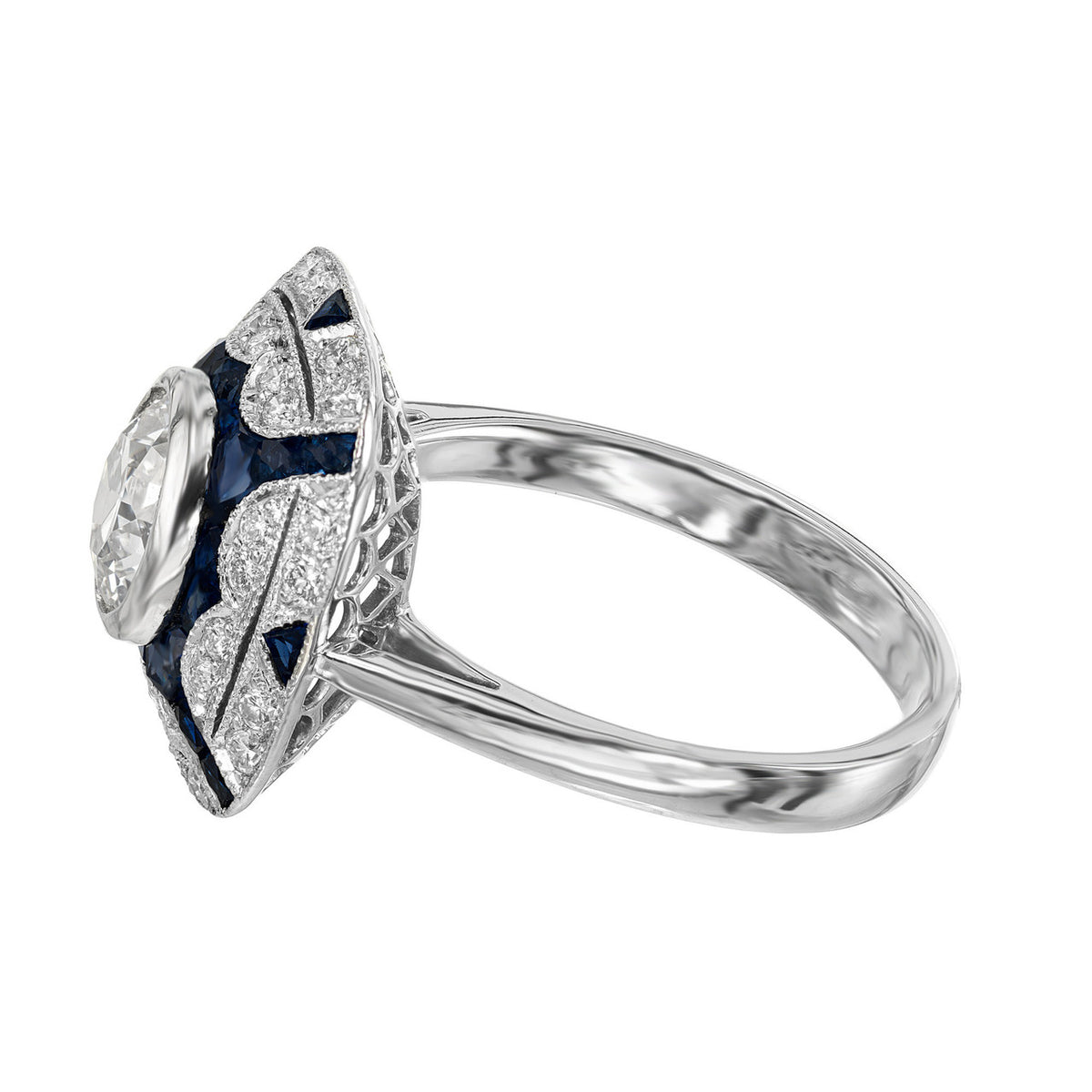 EGL Certified 1.10 Carat Diamond Sapphire Art Deco Platinum Engagement Ring – image 2