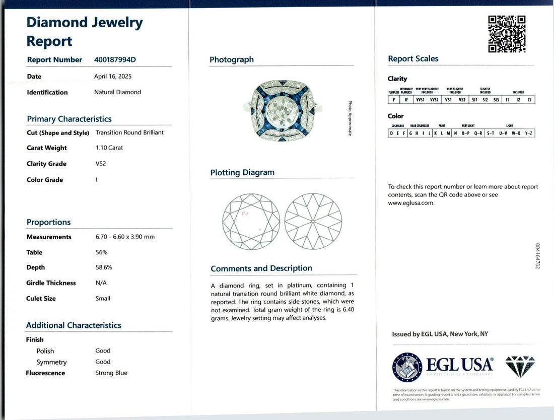 EGL Certified 1.10 Carat Diamond Sapphire Art Deco Platinum Engagement Ring – image 6