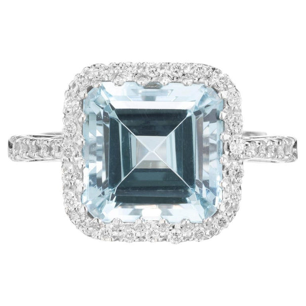 4.39 Carat Square Aquamarine Diamond Halo 18k White Gold Ring