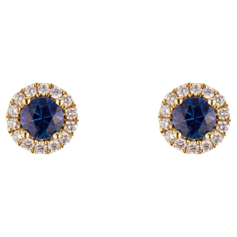 .60 Carat Blue Sapphire Diamond Halo Yellow Gold Earrings