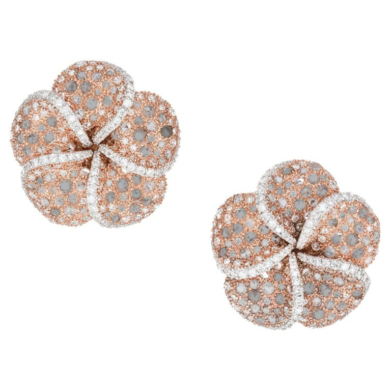 5 Carat Round Rose Cut Diamond Rose Gold Clip Post Flower Earrings