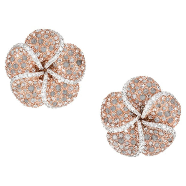 5 Carat Round Rose Cut Diamond Rose Gold Clip Post Flower Earrings