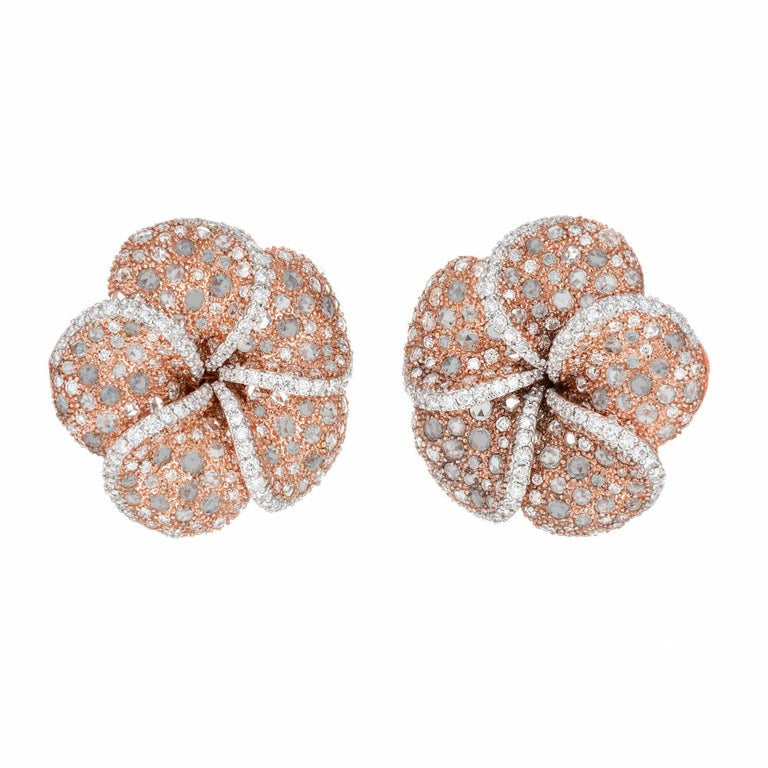 5 Carat Round Rose Cut Diamond Rose Gold Clip Post Flower Earrings – image 2