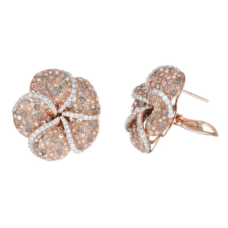 5 Carat Round Rose Cut Diamond Rose Gold Clip Post Flower Earrings – image 3