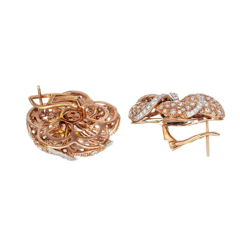 5 Carat Round Rose Cut Diamond Rose Gold Clip Post Flower Earrings – image 4