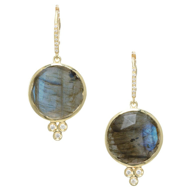 Labradorite Diamond Yellow Gold Dangle Earrings