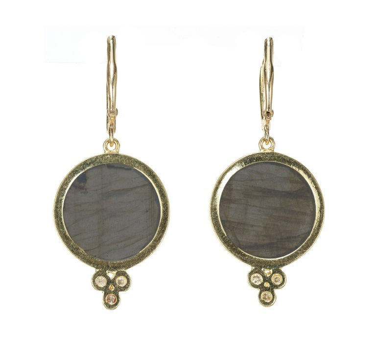 Labradorite Diamond Yellow Gold Dangle Earrings – image 3