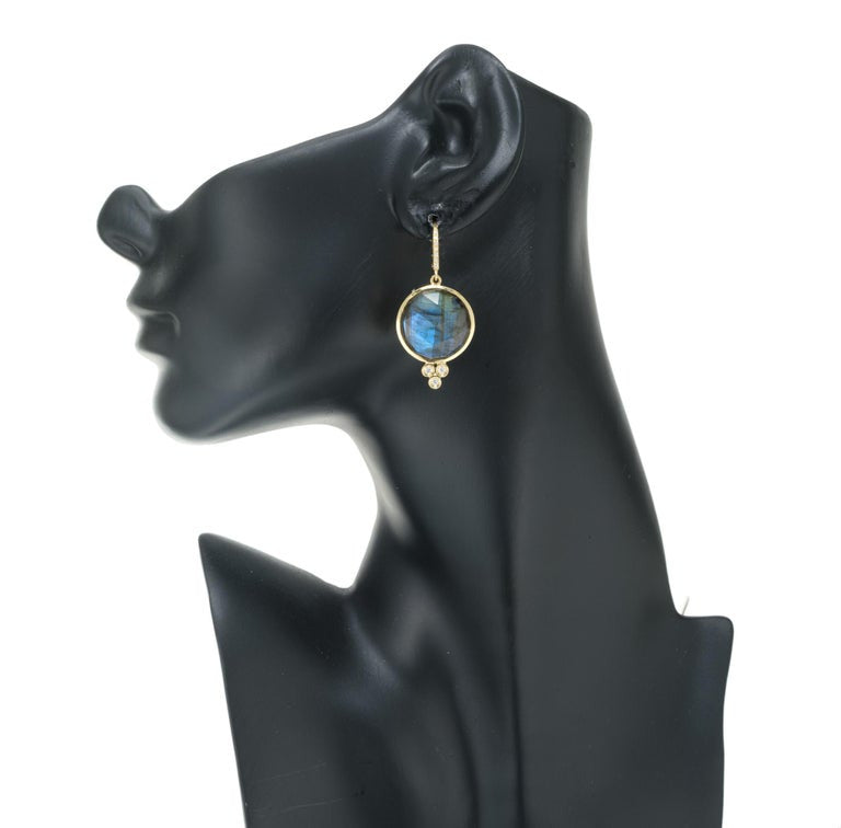 Labradorite Diamond Yellow Gold Dangle Earrings – image 5