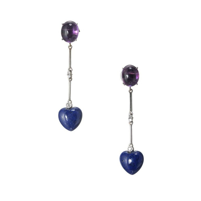 6.00 Carat Amethyst Lapis Lazuli Diamond White Gold Dangle Drop Earrings – image 2
