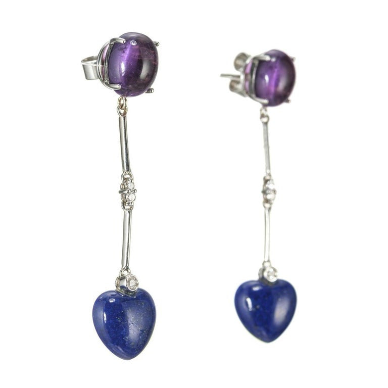 6.00 Carat Amethyst Lapis Lazuli Diamond White Gold Dangle Drop Earrings – image 3