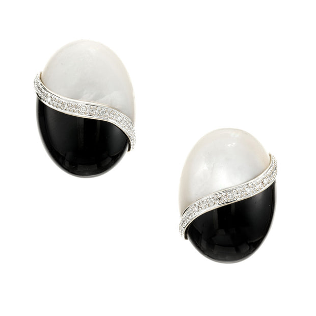 .5 Carat Diamond Onyx Mother of Pearl Two Tone Ying Yang Earrings