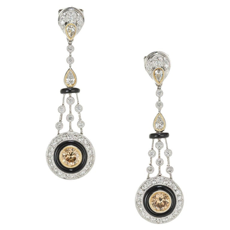 GIA Certified .75 Carat Brown Diamond Onyx White Gold Dangle Earrings