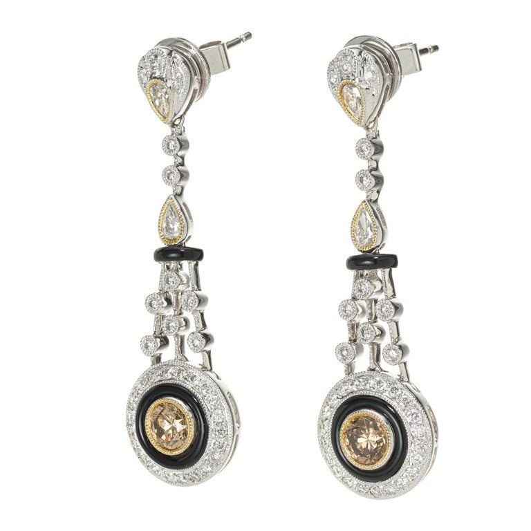 GIA Certified .75 Carat Brown Diamond Onyx White Gold Dangle Earrings – image 2