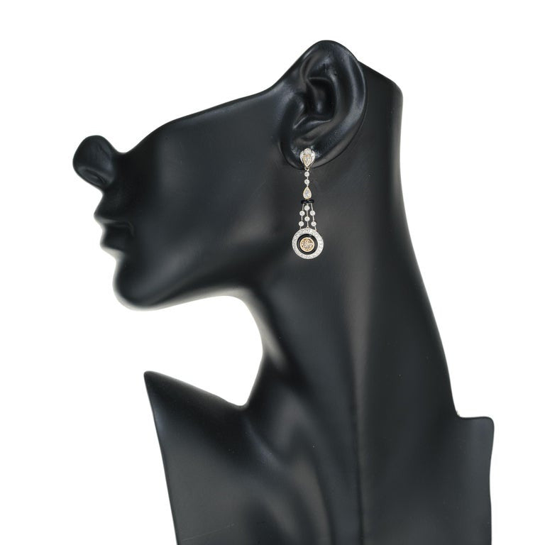 GIA Certified .75 Carat Brown Diamond Onyx White Gold Dangle Earrings – image 6