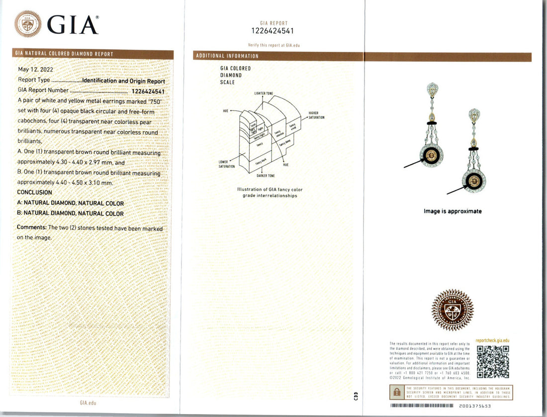 GIA Certified .75 Carat Brown Diamond Onyx White Gold Dangle Earrings – image 3