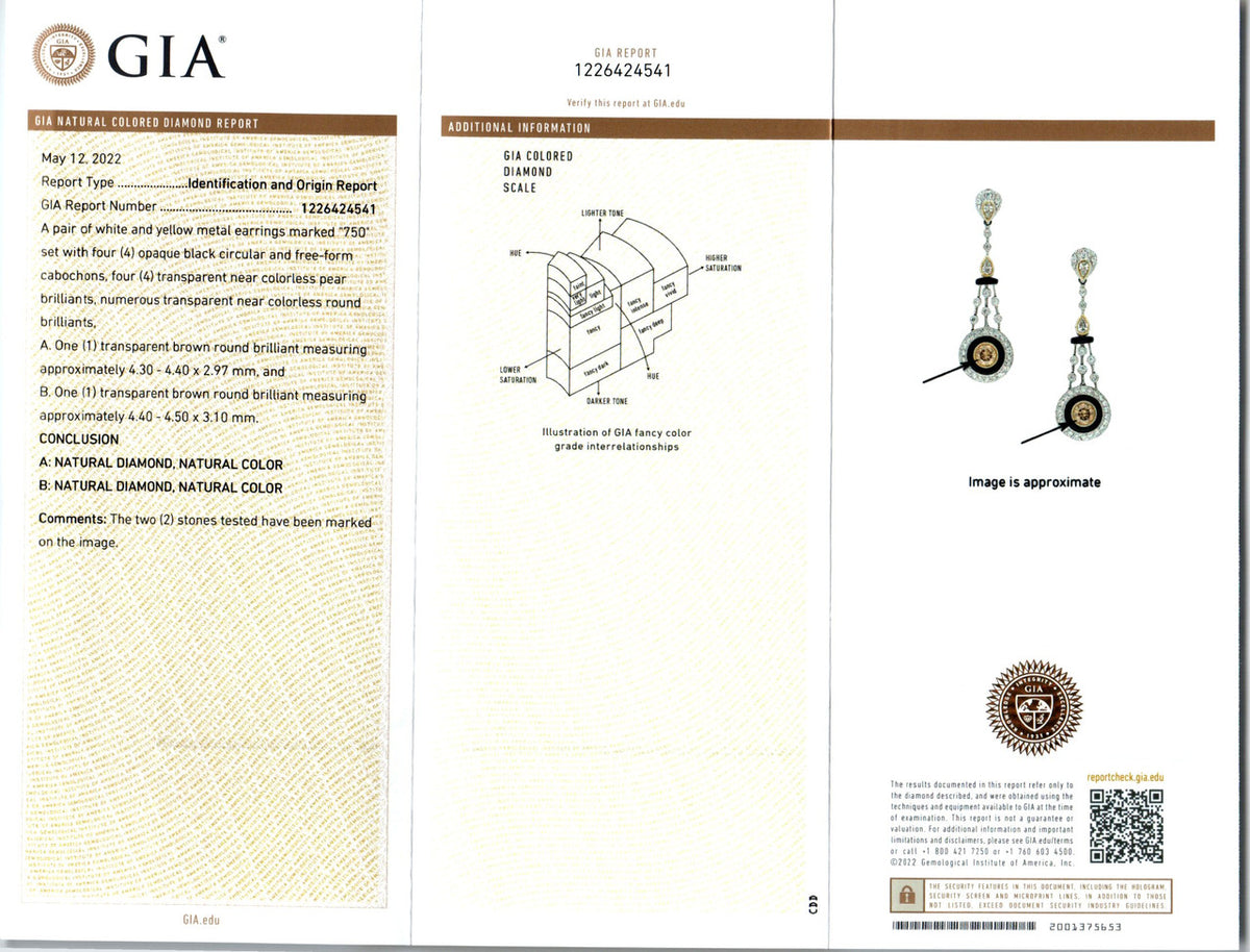 GIA Certified .75 Carat Brown Diamond Onyx White Gold Dangle Earrings – image 3