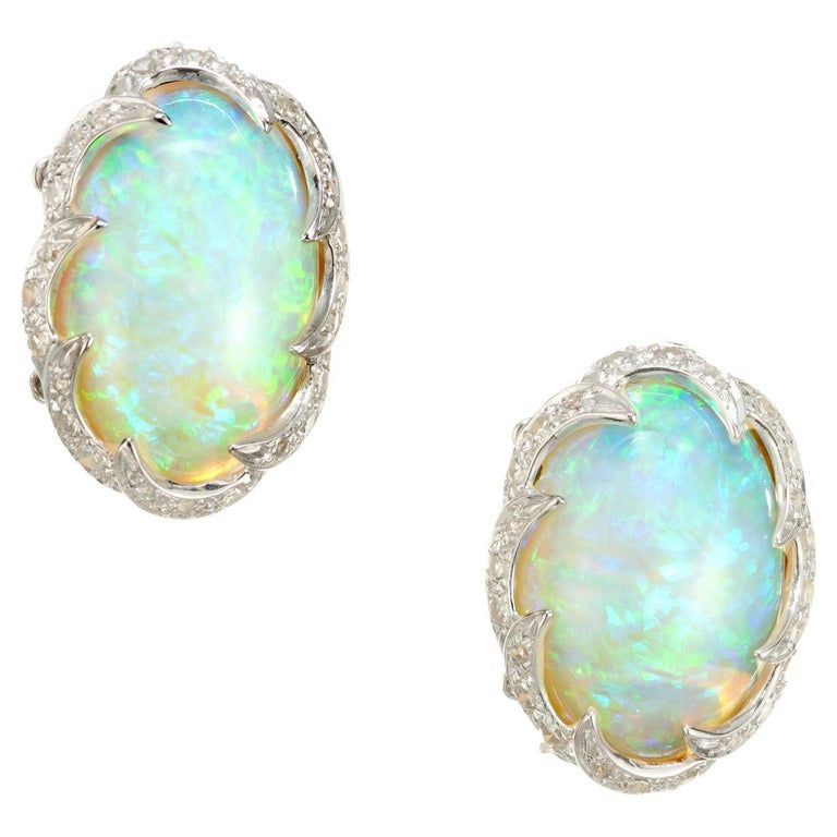 14.00 Carat Australian Opal Diamond White Gold Earrings