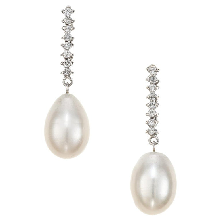 .32 Carat Round Diamond Tear Drop Shaped Pearl White Gold Dangle Drop Earrings