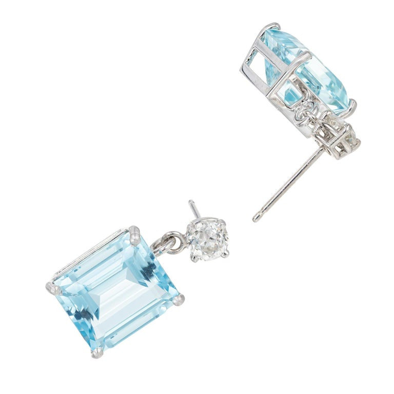 Peter Suchy 11.32 Carat Emerald Cut Aqua Diamond Platinum Dangle Earrings – image 4