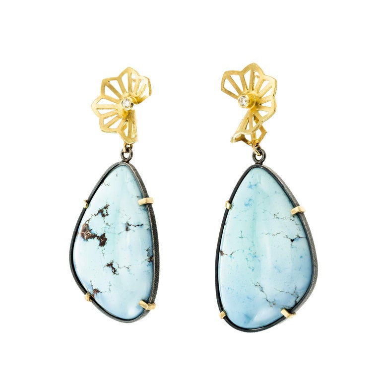 GIA Certified Turquoise Diamond Yellow Gold Sterling Silver Dangle Earrings – image 2