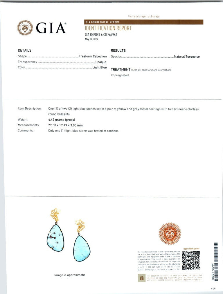 GIA Certified Turquoise Diamond Yellow Gold Sterling Silver Dangle Earrings – image 3