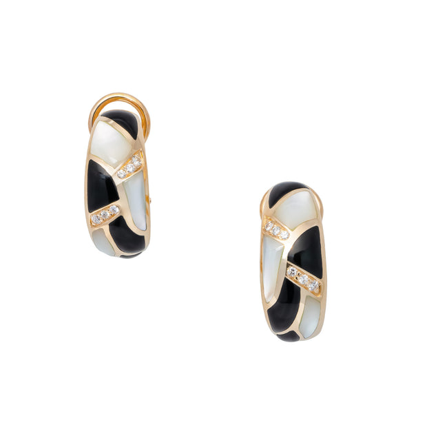 Kabana .12 Carat Diamond Onyx Mother of Pearl Yellow Gold Earrings
